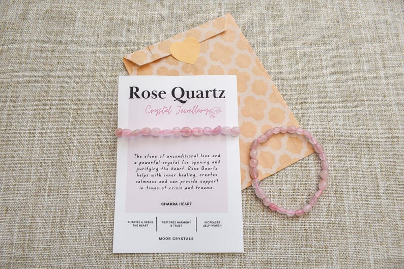 Rose Quartz Crystal Nugget Bracelet - Stretch Fit, Handmade With Crystal Description Card image 5