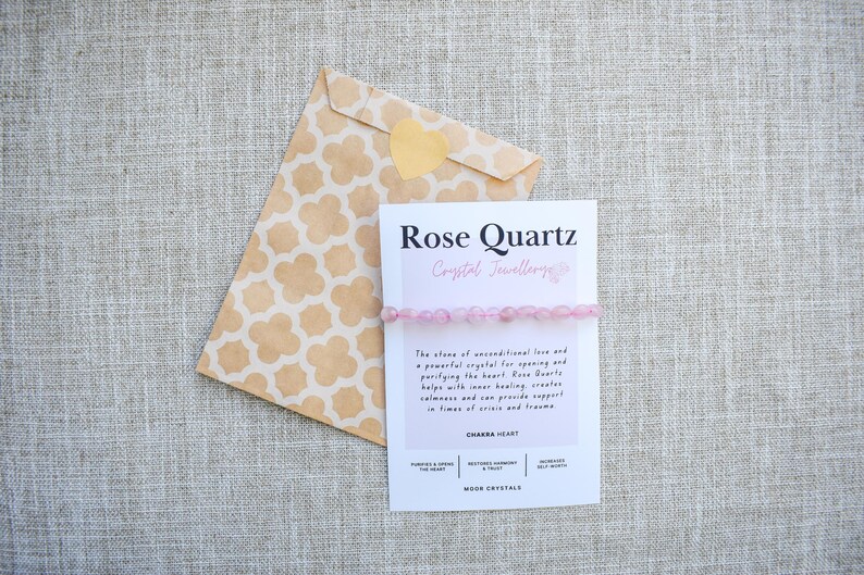 Rose Quartz Crystal Nugget Bracelet - Stretch Fit, Handmade With Crystal Description Card image 7