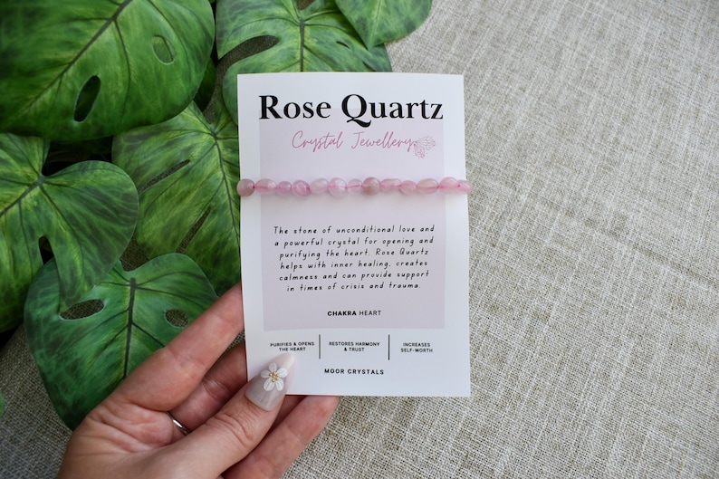 Rose Quartz Crystal Nugget Bracelet - Stretch Fit, Handmade With Crystal Description Card image 1