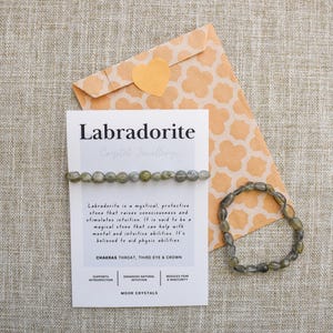 May include: A Labradorite crystal bracelet and a matching beaded bracelet are shown with a card and an orange envelope. The card reads "Labradorite" and describes the stone's properties. The background is a neutral linen fabric.