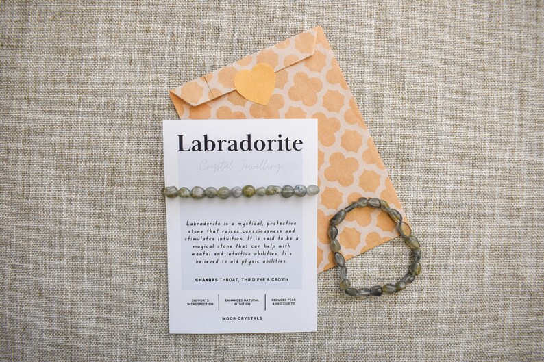 May include: A Labradorite crystal bracelet and a matching beaded bracelet are shown with a card and an orange envelope. The card reads "Labradorite" and describes the stone's properties. The background is a neutral linen fabric.