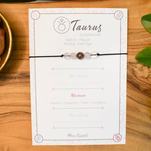 Pulseira de contas de cristal do zodíaco de Touro: cordão de seda, quartzo rosa, rodonita, quartzo transparente