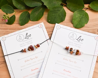 Leo Zodiac Crystal Bracelet: Silk Cord, Golden Tigers Eye, Carnelian, Quartz