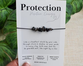 Protection Crystal Bracelet / Anklet: 100% Silk Cord, Black Obsidian, Hematite, Smoky Quartz