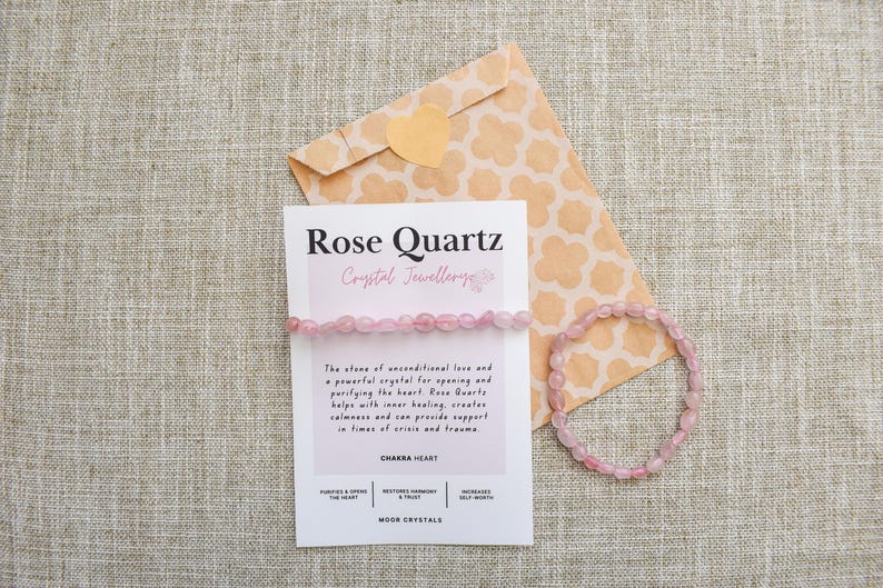 Rose Quartz Crystal Nugget Bracelet - Stretch Fit, Handmade With Crystal Description Card image 3