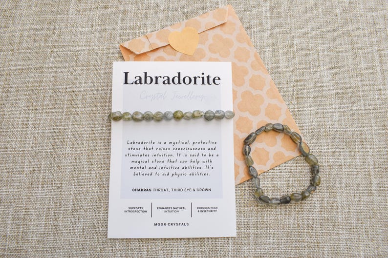 May include: A Labradorite crystal bracelet and a strand of beads are shown with a card and envelope. The card reads "Labradorite Crystal Jewellery" and describes the stone's properties. The bracelet is made of oval-shaped, grey-green beads.
