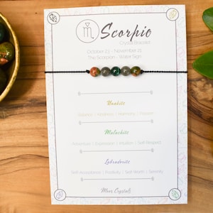 Scorpio Zodiac Crystal Bead Bracelet: Silk Cord, Unakite, Malachite, Labradorite