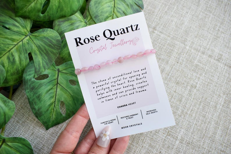 Rose Quartz Crystal Nugget Bracelet - Stretch Fit, Handmade With Crystal Description Card image 6