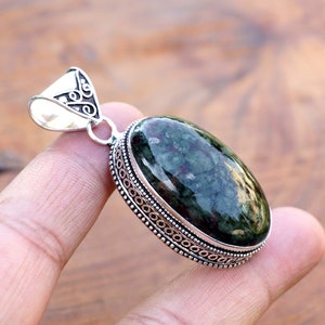 Natural Edulite Cabochon Pendant, Vintage Style Setting Handmade 925 Sterling Silver Plated Jewelry, Silver Pendant , Gift for her, P995