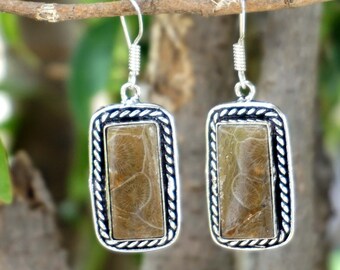 Boucles D'oreilles Pendantes Corail Fossilisé Argent 925 - Non Poinçonné, Bon état