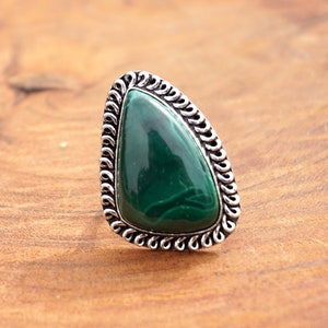 Natural Malachite Cabochon Ring, Vintage Style Setting Handmade 925 Sterling Silver Plated Gemstone Ring Jewelry, Ring Size 8 1/2. R721