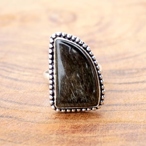 Obsidian Cabochon Ring: Vintage Handmade 925 Sterling Silver Plated, Size 8.5