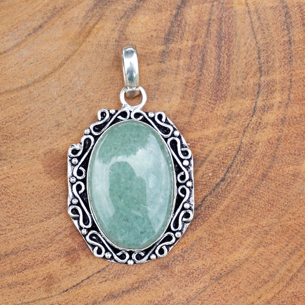 Natural Aventurine cabochon Pendant, Vintage Style Handmade 925 Sterling Silver Plated Jewelry, Silver Pendant, Charm pendant, SE928