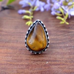 Natural Tiger Eye cabochon Ring , Vintage Style setting Handmade 925 Sterling Silver Plated Gemstone Ring Jewelry, Ring Size 5. F282