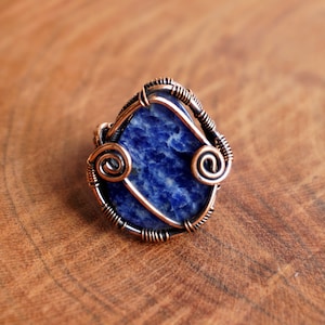 Wire Wrapped Sodalite Ring, Handmade Copper Wire Wrapped Gemstone Ring Jewelry, Copper Wire Jewelry. November birthstone ring.  R416