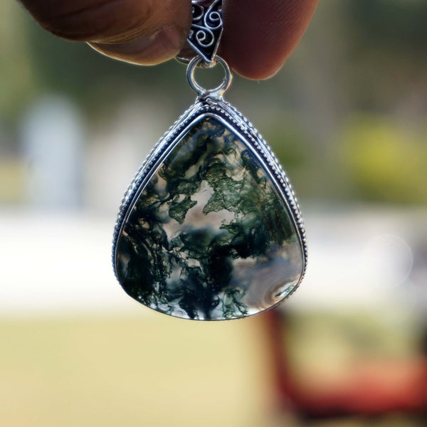 Natural Moss-Agate Cabochon Pendant, Silver Pendnat, Vintage Style Handmade 925 Sterling Silver Plated pendant Jewelry, Gift for her, R517