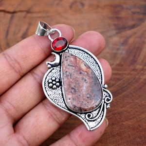 Natürlicher Jaspis und Granat Edelstein Anhänger, Vintage Style handgemachte 925 Sterling Silber überzogene Anhänger Schmuck. Multistein Anhänger. F207