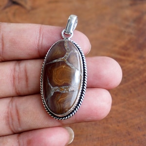 Natural Black-Septarian cabochon Pendant, Vintage style setting Handmade 925 Sterling Silver Plated pendant Jewelry, Silver pendant. F646
