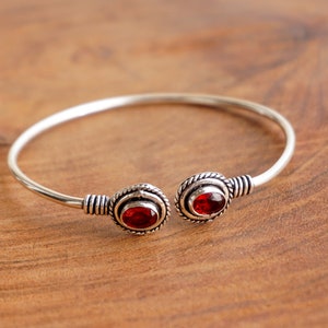 Natural Red Garnet Cabochon Bracelet, Vintage Style Adjustable Handmade 925 Sterling Silver Plated Bangle Jewelry, Gift for Mother, r334