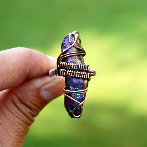 Wire Wrapped Titanium Druzy Ring, Handmade Copper Wire Wrapped Gemstone Ring Jewelry, Copper Wire  Ring, Titanium druzy Ring, F329