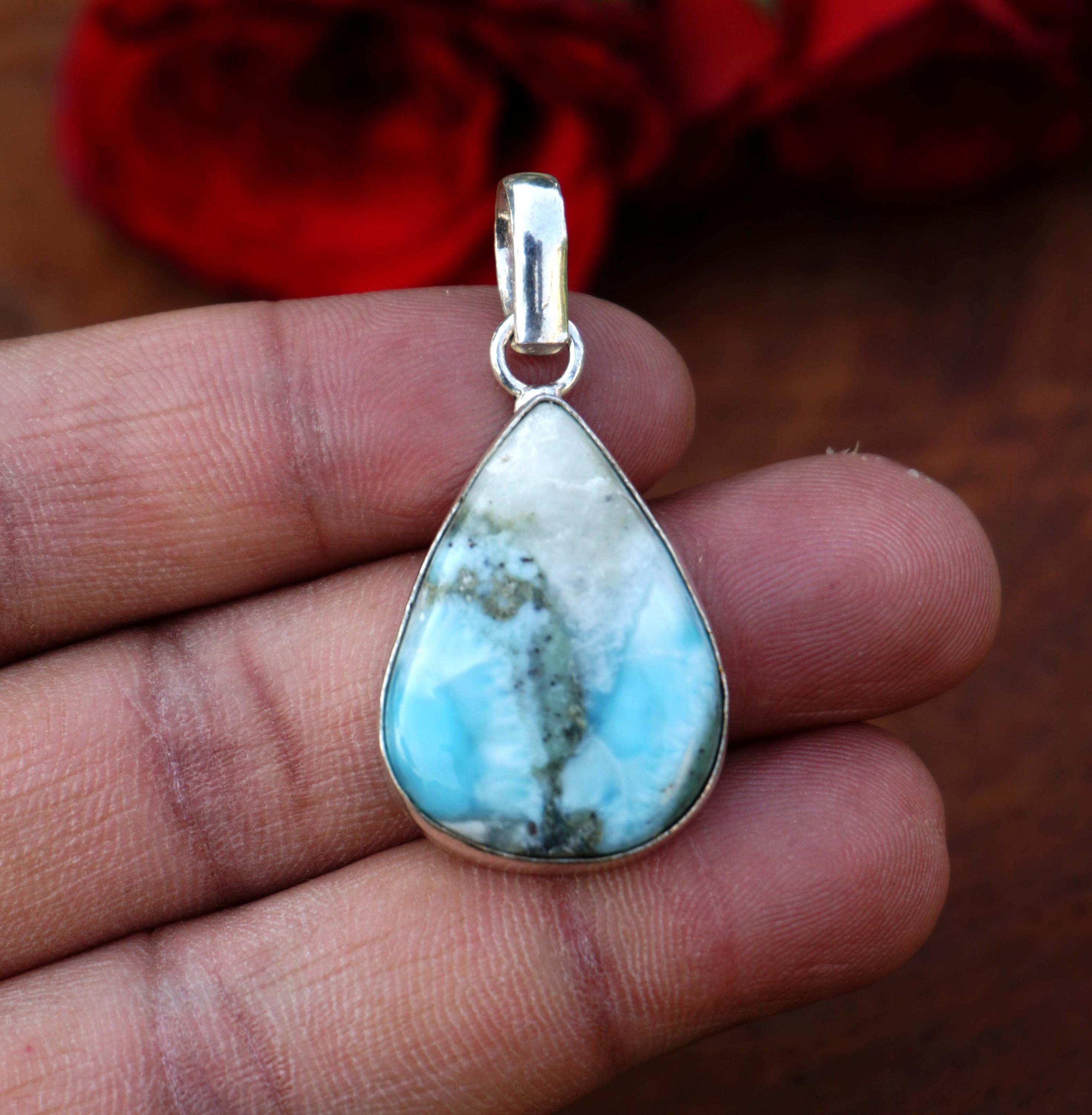 larimarさん Natural Larimar Cabochon Pendant, Vintage Style Handmade 925
