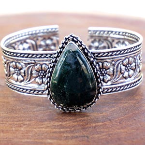 Natural Moss Agate Bangle/Bracelet, Adjustable Vintage style Handmade 925 Sterling Silver Plated Gemstone Bangle Jewelry, Gift for her. M31