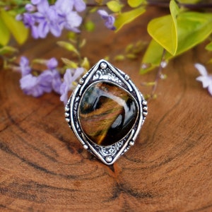Natural Tiger Eye cabochon Ring , Vintage Style Handmade 925 Sterling Silver Plated Gemstone Ring Jewelry, Gift for her, Size 9, SE830