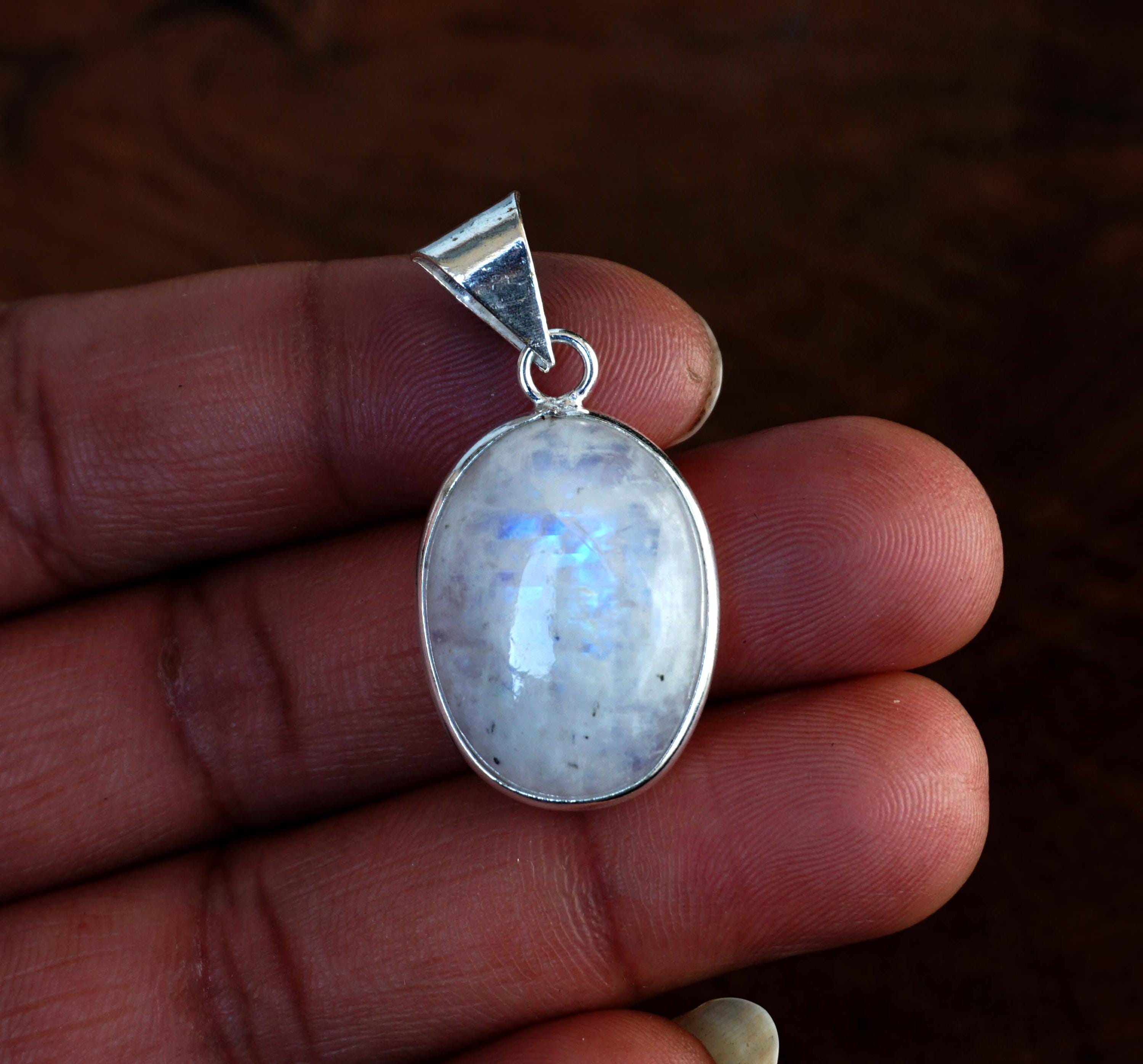 Natural Rainbow Moonstone Cabochon Pendant, Vintage Style