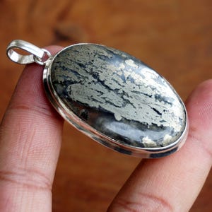 Natural Marcasite Cabochon pendant, Vintage Style setting Handmade 925 Sterling Silver Plated pendant Jewelry, Silver pendant.