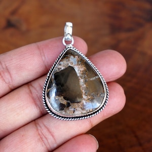 Natural Black-Septarian cabochon Pendant, Vintage style setting Handmade 925 Sterling Silver Plated pendant Jewelry, Silver pendant. F745