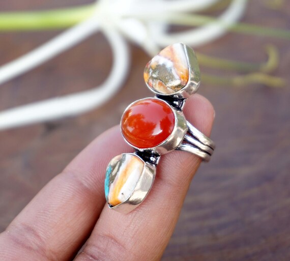 Multistone Onyx & Oyster Ring: Handmade 925 Sterling Silver Plated