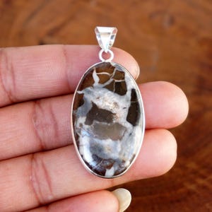 Natural Black- Septarian cabochon Pendant, Vintage style setting Handmade 925 Sterling Silver Plated gemstone pendant Jewelry, F1009