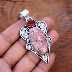 Natürliche Roter Jaspis und Granat Anhänger, Vintage Style handgemachte 925 Sterling Silber überzogene Anhänger Schmuck. Multistein Anhänger. F218