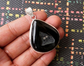 Black Druzy Framed Pendant with Chain and Black Onyx Beaded Necklace