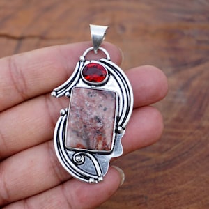Natürliche Roter Jaspis und Granat Anhänger, Vintage Style handgemachte 925 Sterling Silber überzogene Anhänger Schmuck. Multistein Anhänger. F231