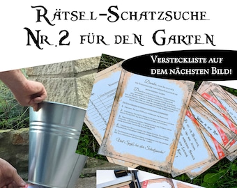 May include: A printable set of instructions for a garden scavenger hunt. The instructions are written in German and include a list of items to find and a word search puzzle. The instructions are printed on a light blue background with a brown border.