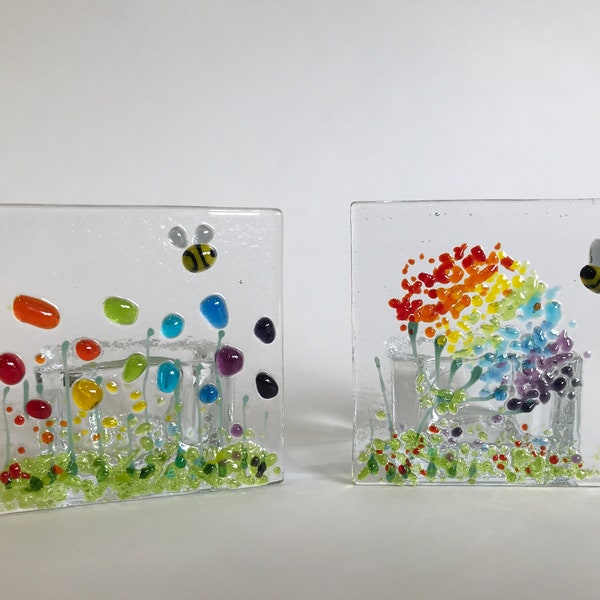 Fused Glass Tea Light Holder "Rainbow Flowers & Bee", Cheery Fused Glass Gift, Fused Glass Art, Christmas Gift