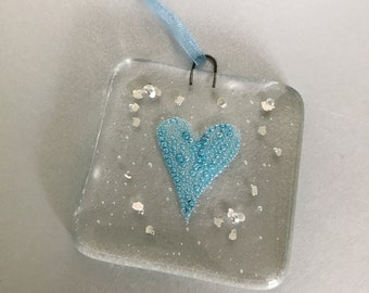 Handmade fused glass heart hanging decoration suncatcher, glass art, love token, engagement, wedding anniversary, valentine gift