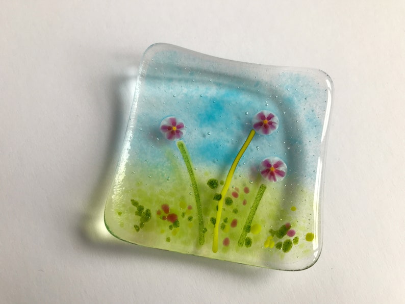 Fused glass trinket dish, jewellery, ring, earring dish, blue pink murrini flowers, handmade fused glass art, Mothers Day, thank you gift Pink Flowers