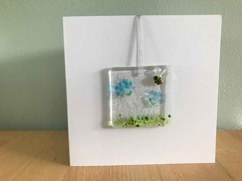 Handmade Fused Glass Card with detachable hanging decoration, fused glass keepsake, thank you birthday get well teacher mothers day card image 10