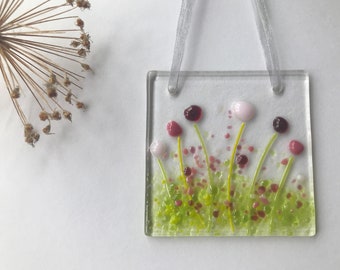 Handmade Fused Glass Meadow Flowers Suncatcher Light Catcher, Fused Glass Art, Glass Hanging Decoration, Birthday Teacher Gift, Pink, 7x7cm