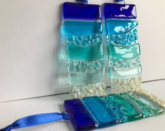 Fused Glass Sea Ocean Beach Suncatcher, Light Catcher, Fused Glass Art, Fused Glass Wall Art Decor, Glass Gift, Turquoise Blue Aqua Waves