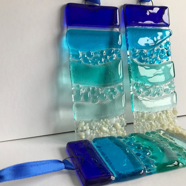 Fused Glass Sea Ocean Beach Suncatcher, Light Catcher, Fused Glass Art, Fused Glass Wall Art Decor, Glass Gift, Turquoise Blue Aqua Waves