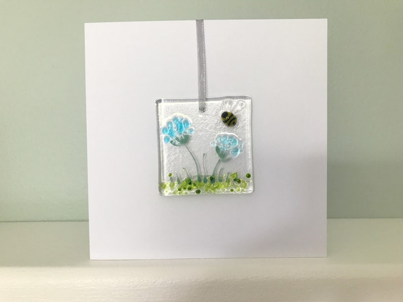 Handmade Fused Glass Card with detachable hanging decoration, fused glass keepsake, thank you birthday get well teacher mothers day card image 8