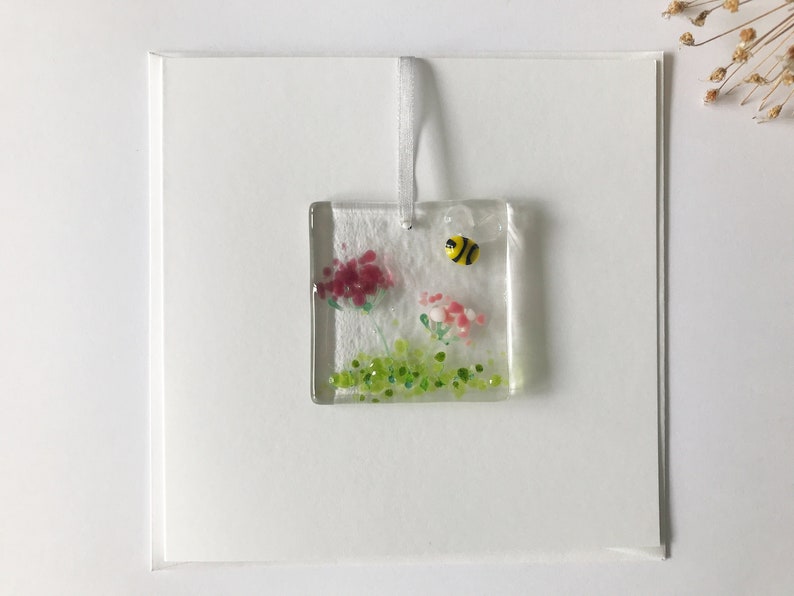 Handmade Fused Glass Card with detachable hanging decoration, fused glass keepsake, thank you birthday get well teacher mothers day card Pink Flowers