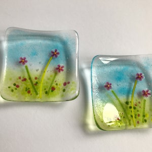 Fused glass trinket dish, jewellery, ring, earring dish, blue pink murrini flowers, handmade fused glass art, Mothers Day, thank you gift image 7