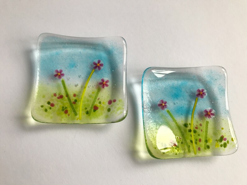 Fused glass trinket dish, jewellery, ring, earring dish, blue pink murrini flowers, handmade fused glass art, Mothers Day, thank you gift image 7