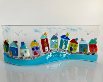 Colourful Fused Glass Cottages by the Sea, Handmade Fused Glass Art Panel, Fused Glass Gift, Teacher Birthday Gift, Home Decor