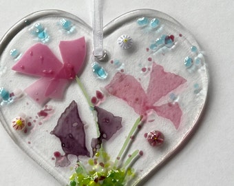 Fused Glass Hanging Heart Decoration, Sweat Peas or Alliums Suncatcher, Mothers Day Birthday Thank you Thinking of You Letterbox Gift