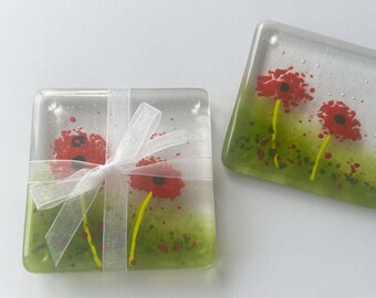 Fused Glass Poppies Coasters, Set of 2 Coasters